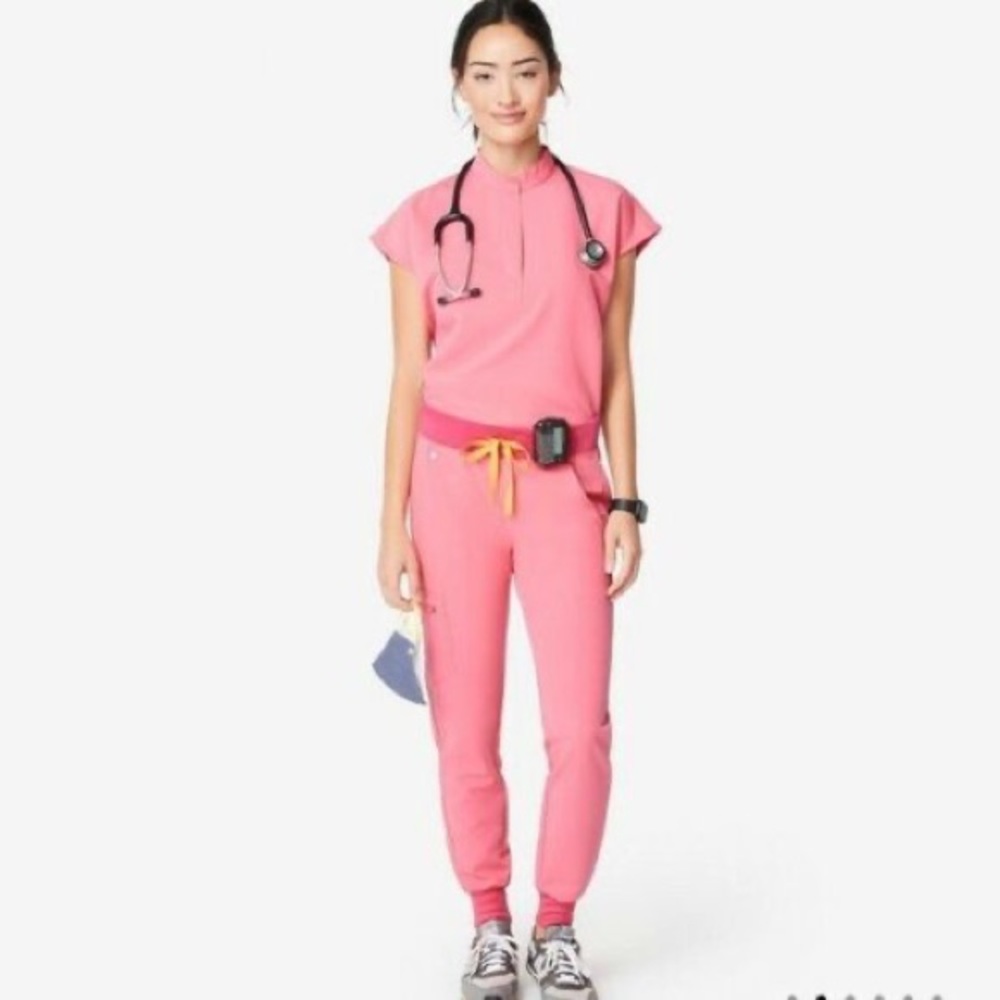 Figs Women's Pink regular rise Track Joggers with Yellow Drawstring